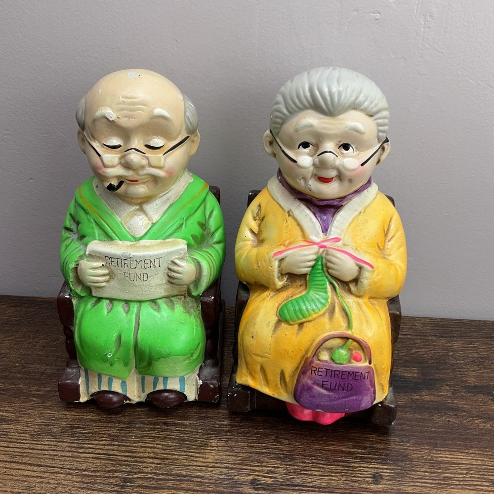 Ceramic Retirement Fund Grandma & Grandpa in Rocking Chairs Coin Banks  VTG 7.5"